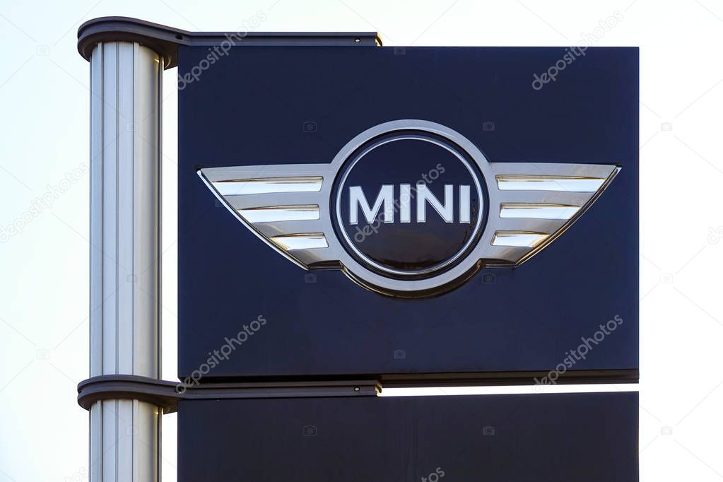 GIESSEN, GERMANY, March 25, 2018: MINI sign. MINI Cooper automobile dealership sign and logo. MINI Cooper is a brand of car made by BMW.