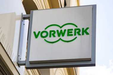 Wiesbaden, Germany - June 03 2018: VORWERK logo on a facade. Vorwerk is an international diversified group. clipart
