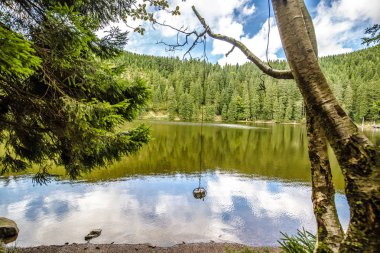 Sakin dağ gölü çevreleyen yansımaları ile yeşil ormanlar kayalık bir kıyı güneşli bir bulutlu günde görüntülendi
