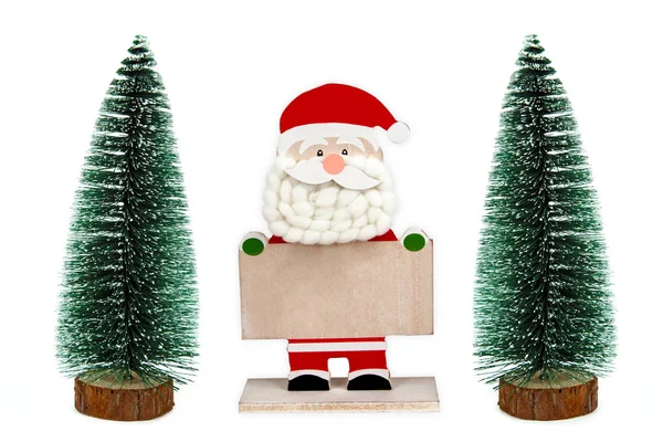 Decorative Wooden Santa Clause Hold Blank Board Toy Trees White Stock Photo