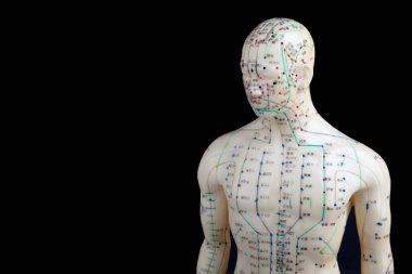 Siyah arka plan üzerine izole akupunktur modeli
