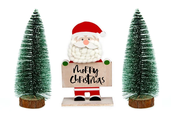 Santa Claus Decorativo Madera Con Juguete Árboles Sobre Fondo Blanco — Foto de Stock