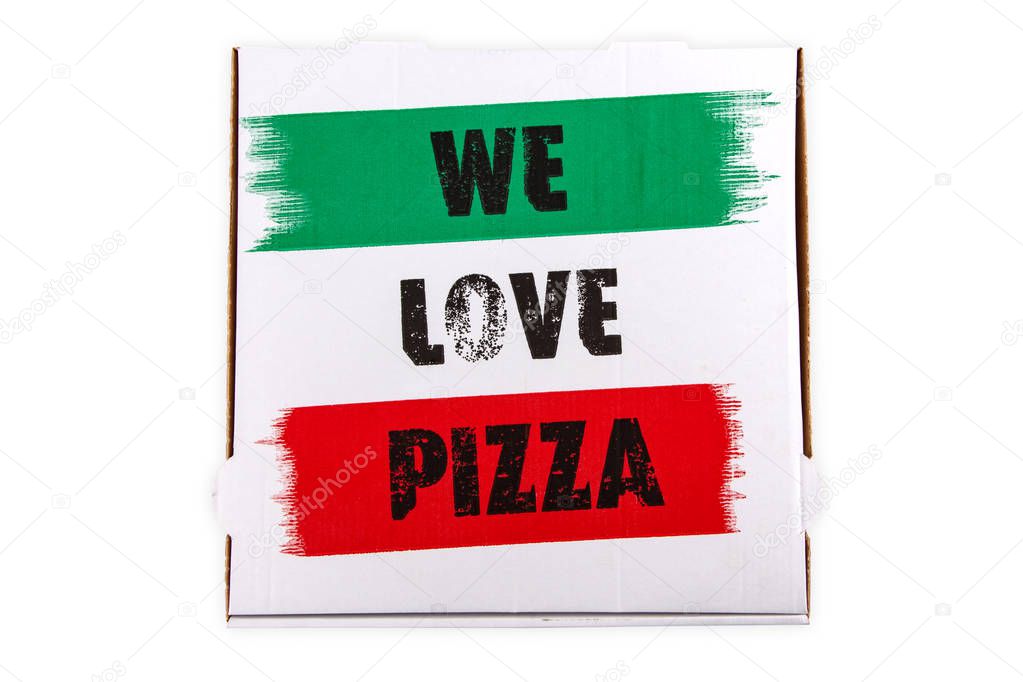 Pizza Box with We Love Pizza lettering isolated on white background