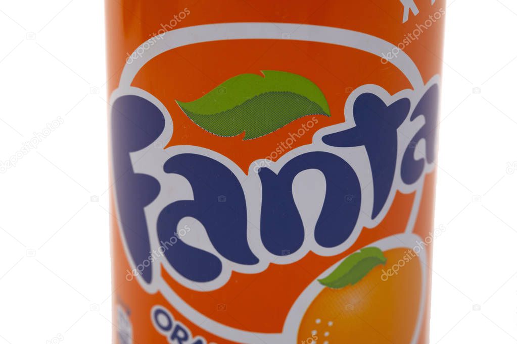 HUETTENBERG, GERMANY - JUNE 7, 2018: Aluminium can of Fanta Orange soft drink on white background. Fanta is popular fruit-flavored carbonated soft drink.