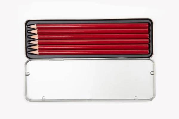 Pencils Silver Metal Box Isolated White Background — Stock Photo, Image