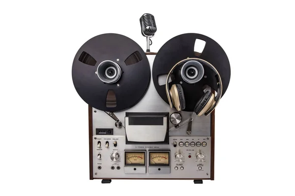 Reel Reel Audio Tonbandgerät Und Mikrofon Isoliert Auf Weißem Hintergrund — Stockfoto