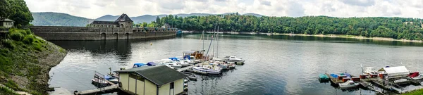 Panorma Edersee Hesse Norte Alemanha Com Barcos — Fotografia de Stock