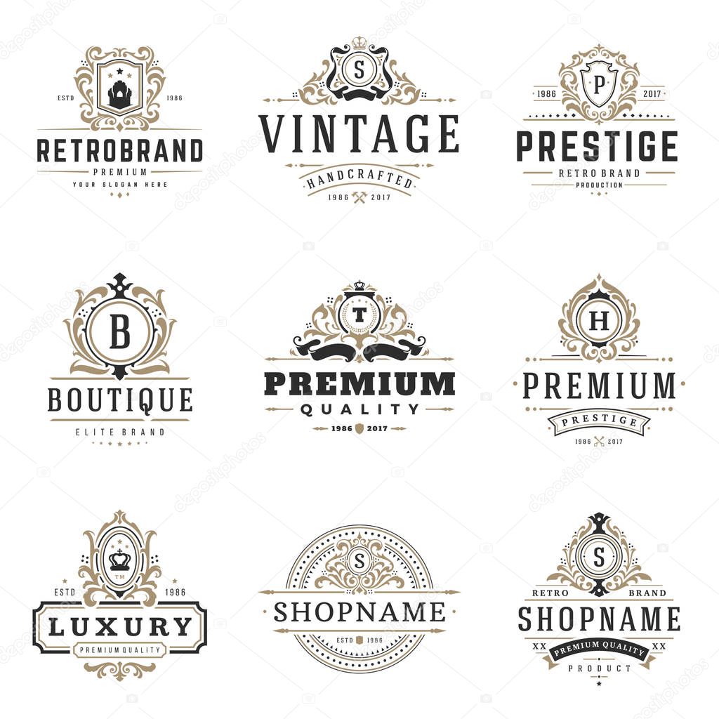 Luxury monogram logos templates vector objects set for logotype or badge Design. Trendy vintage royal ornament frames illustration, good for fashion boutique, alcohol or hotel brand.
