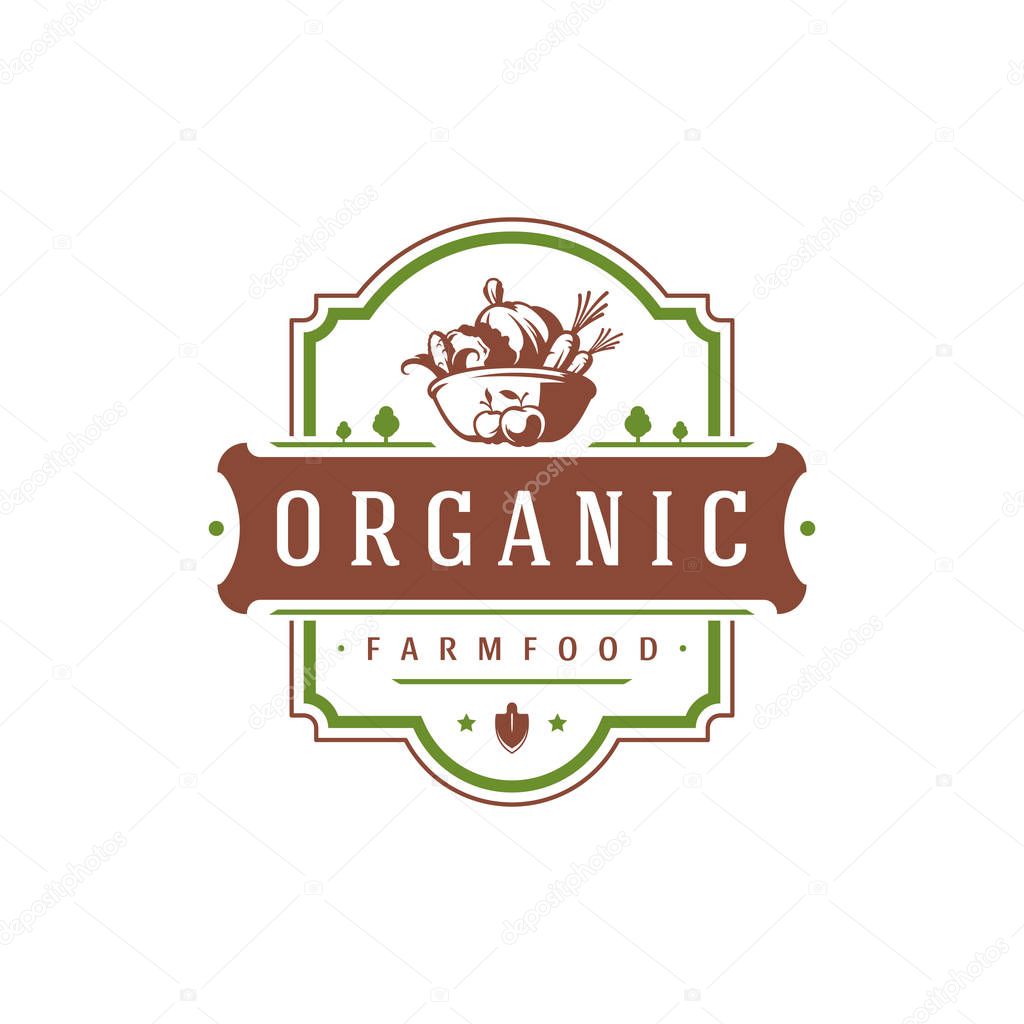 Farmers market logo template vector illustration. Farmer logotype or badge design. Trendy retro style farm natural organic products food silhouette.