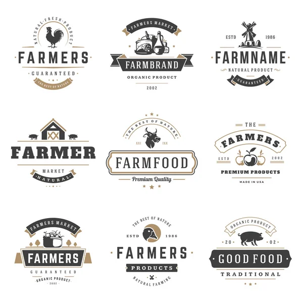 Farmers mercado logotipos modelos conjunto de objetos vetoriais. Design de logótipos ou crachás . — Vetor de Stock