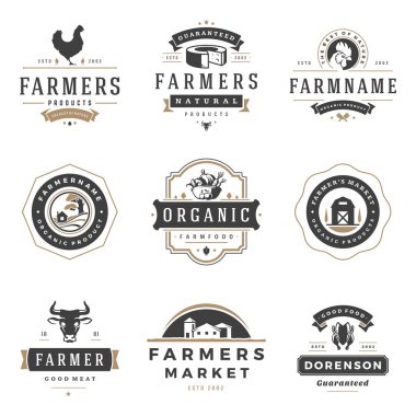 Çiftçiler logolar şablonları vektör nesneleri kümesi Pazar. Logotype veya rozetleri tasarım.