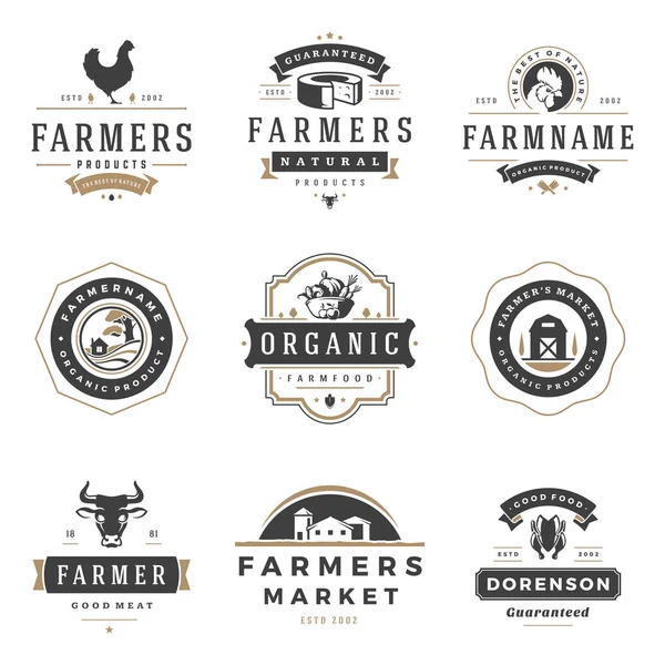 Los agricultores mercado logotipos plantillas vector objetos conjunto. Diseño de logotipos o insignias . — Vector de stock