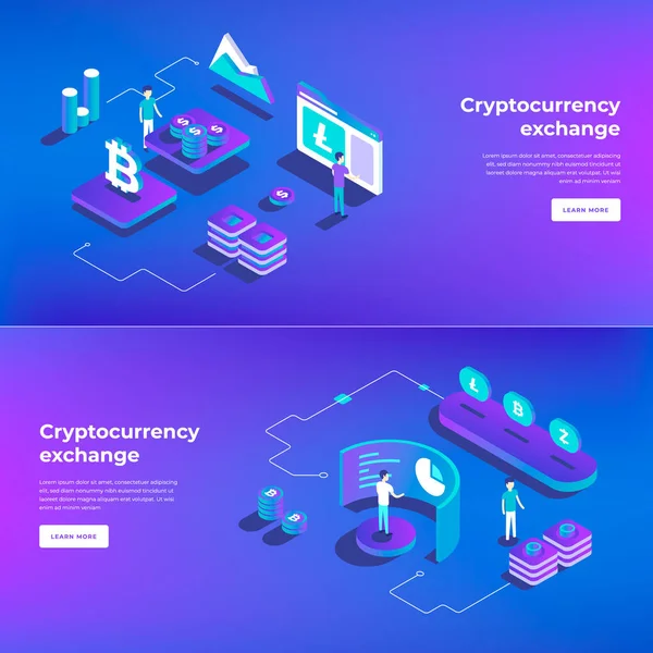 Cryptocurrency exchange and blockchain isometric compositions — Stock Vector