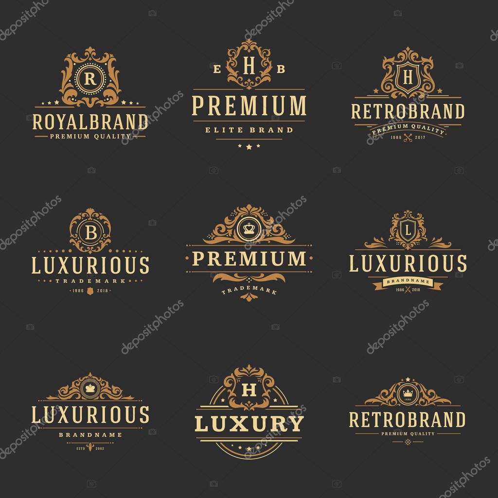 Luxury monograms logos templates vector objects set for logotype or badge Design. Trendy vintage royal ornament frames illustration, good for fashion boutique, alcohol or hotel brand.