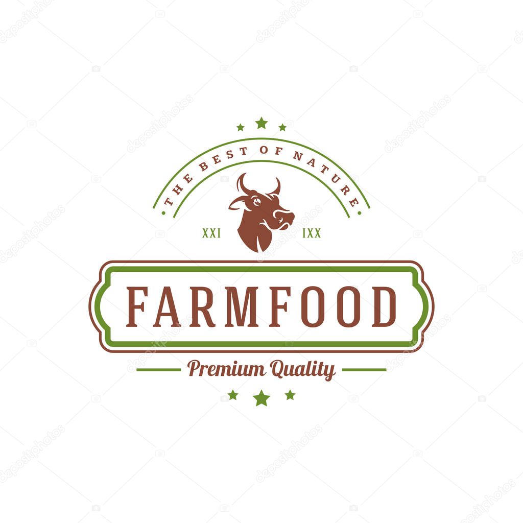 Farmers market logo template vector illustration. Farmer logotype or badge design. Trendy retro style farm natural organic products food silhouette.