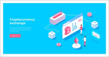 Kriptopara değişimi ve blockchain izometrik kompozisyonu.