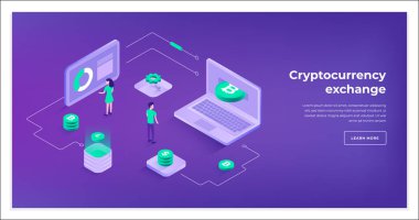 Kriptopara değişimi ve blockchain izometrik kompozisyonu.