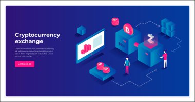 Kriptopara değişimi ve blockchain izometrik kompozisyonu.