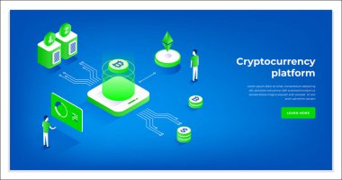 Kriptopara değişimi ve blockchain izometrik kompozisyonu.