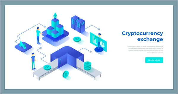 Kryptovaluta utbyte och blockchain isometrisk komposition. — Stock vektor