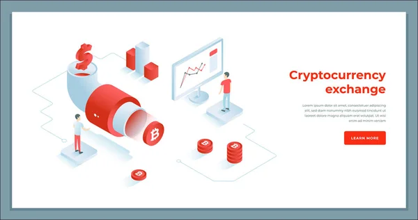 Cambio de criptomonedas y composición isométrica blockchain . — Vector de stock