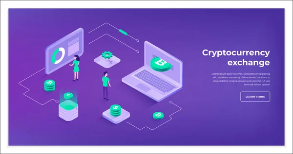 Cambio de criptomonedas y composición isométrica blockchain . — Archivo Imágenes Vectoriales