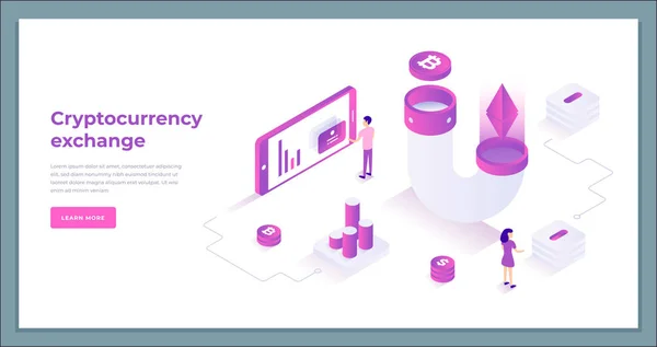 Cryptocurrency exchange and blockchain isometric composition. — Stock Vector