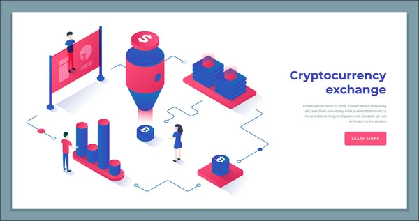 Cambio de criptomonedas y composición isométrica blockchain . — Archivo Imágenes Vectoriales