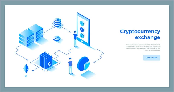 Cryptocurrency csere és blockchain izometrikus összetétel. — Stock Vector