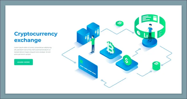 Cryptocurrency csere és blockchain izometrikus összetétel. — Stock Vector