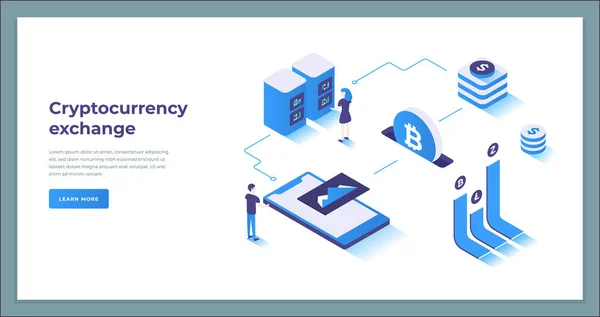 Cryptocurrency exchange and blockchain isometric composition. — Stock Vector