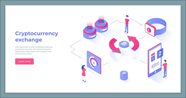 Cambio de criptomonedas y composición isométrica blockchain . — Vector de stock