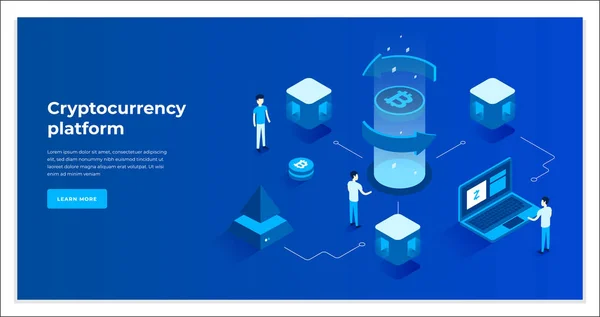 Cambio de criptomonedas y composición isométrica blockchain . — Vector de stock