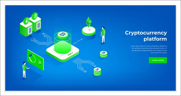 Cryptocurrency exchange and blockchain isometric composition. — Stock Vector