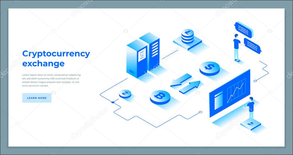 Cryptocurrency exchange and blockchain isometric composition.