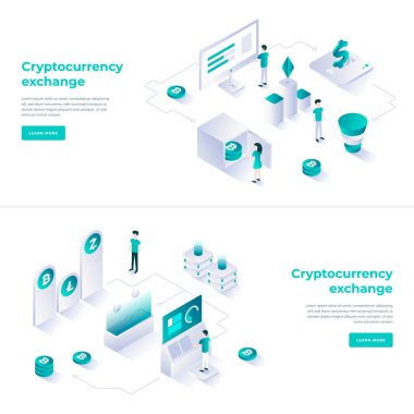 Kriptopara değişimi ve blockchain izometrik kompozisyonu.