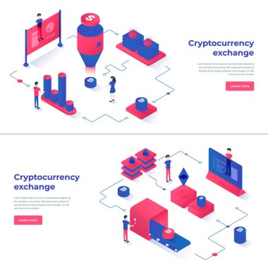 Kriptopara değişimi ve blockchain izometrik kompozisyonu.