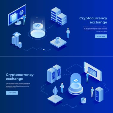 Kriptopara değişimi ve blockchain izometrik kompozisyonu.