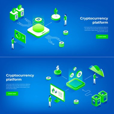 Kriptopara değişimi ve blockchain izometrik kompozisyonu.