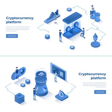Kriptopara değişimi ve blockchain izometrik kompozisyonu.