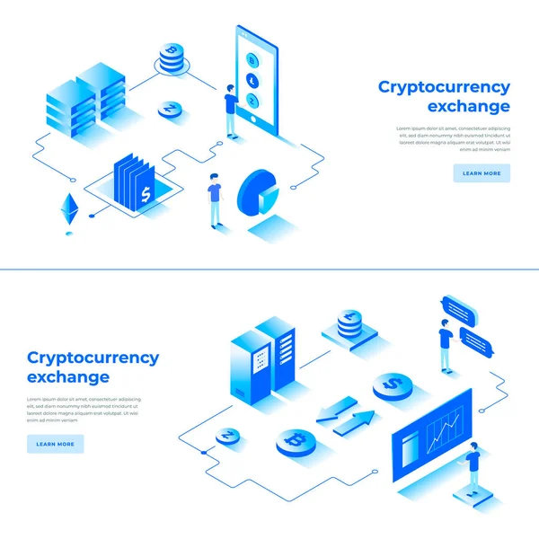Cryptocurrency exchange and blockchain isometric composition. — Stock Vector
