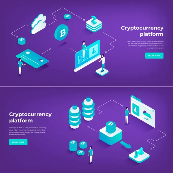 Cryptocurrency csere és blockchain izometrikus összetétel. — Stock Vector