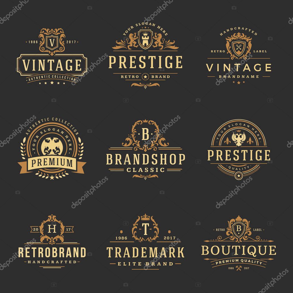Luxury monograms logos templates vector objects set for logotype or badge Design. Trendy vintage royal ornament frames illustration, good for fashion boutique, alcohol or hotel brand.