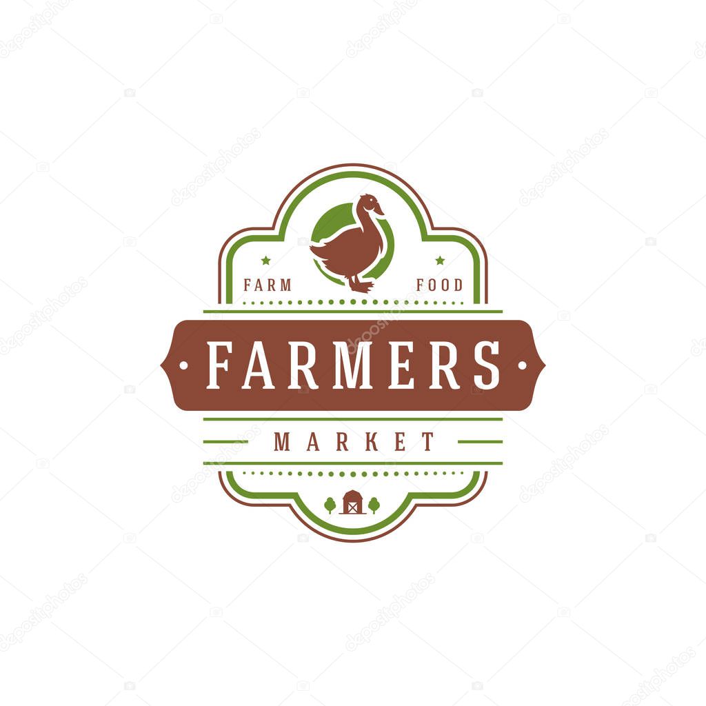 Farmers market logo template vector illustration. Farmer logotype or badge design. Trendy retro style goose silhouette.