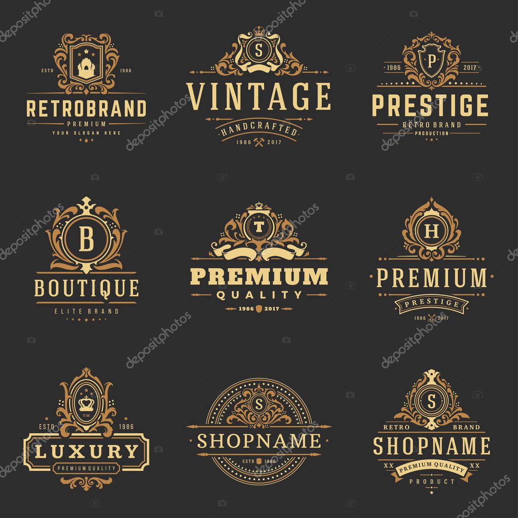 Luxury monograms logos templates vector objects set for logotype or badge Design. Trendy vintage royal ornament frames illustration, good for fashion boutique, alcohol or hotel brand.