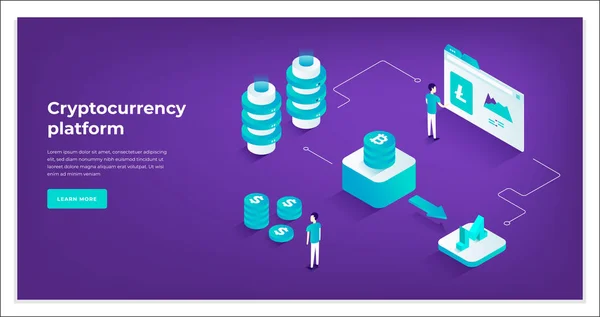 Kryptovaluta utbyte och blockchain isometrisk komposition. — Stock vektor