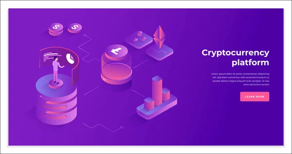 Cryptocurrency exchange and blockchain isometric composition. — Stock Vector