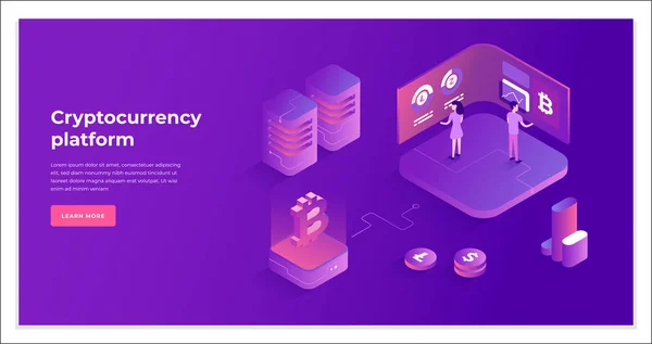 Cambio de criptomonedas y composición isométrica blockchain . — Vector de stock