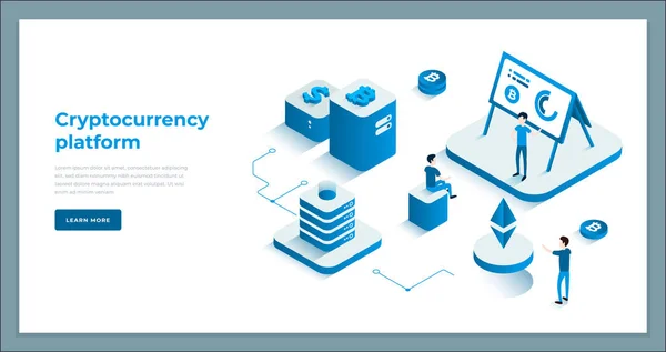 Cryptocurrency exchange and blockchain isometric composition. — Stock Vector