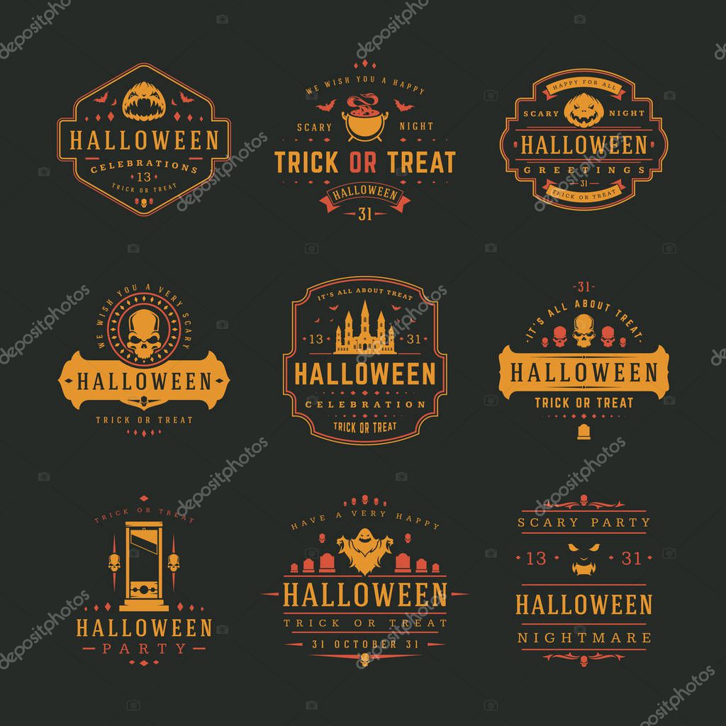 Halloween Celebration logos and badges design set vector illustration. Halloween Typographic Decorations good for greeting card, poster or flyer.